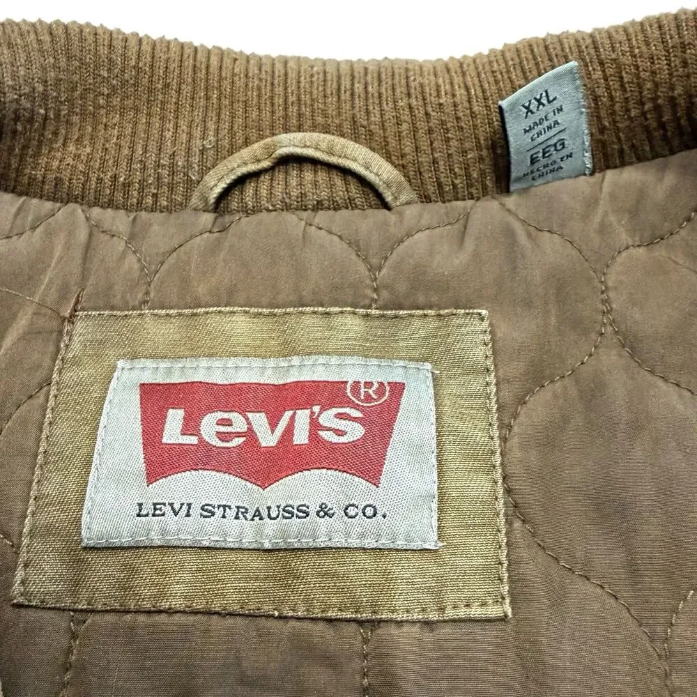 Y2K Levis Mens XXL Brown Canvas Field Jacket Quilted Lined Utility Trucker Zip